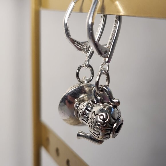 VTG 925 Teapot and Cup & Saucer Dangle Zircon Leverback Earrings - Picture 7 of 14